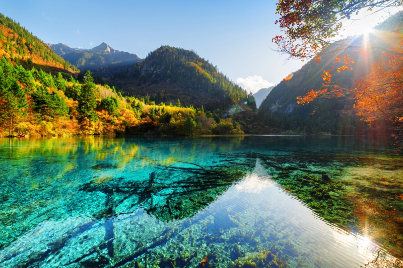 China Jiuzhaigou Park Parks Lake Mountains Autumn