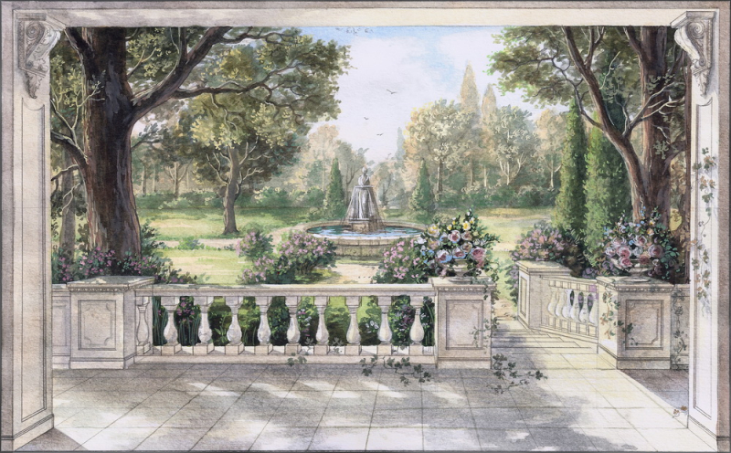 View On The Garden With Flowers And Fountain