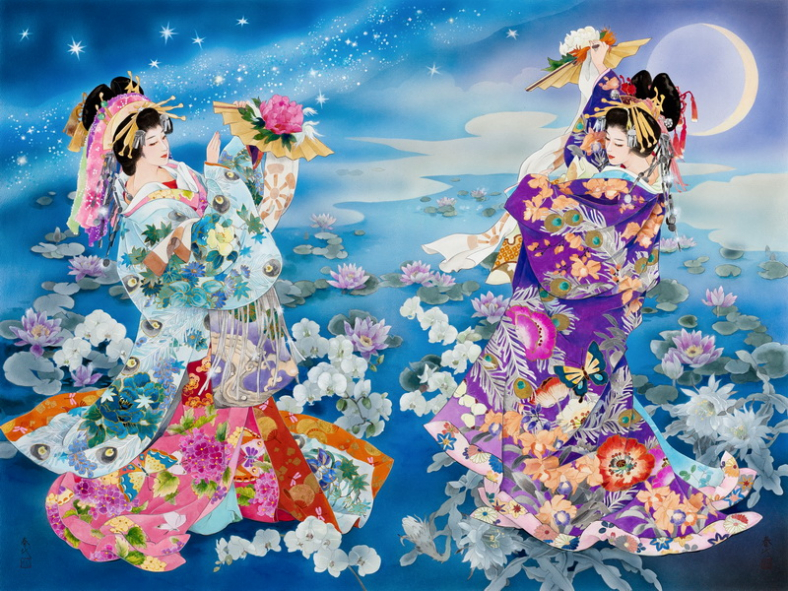 Haruyo Morita paintings wallpapers & wall murals Two girls night by Haruyo Morita Art. No: 10000003566