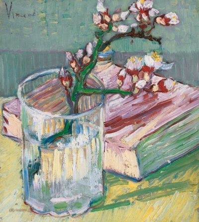 Blossoming Almond Branch In A Glass With A Book 1888
