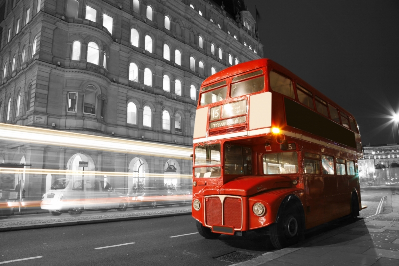 Two-story Red Bus Gray Background