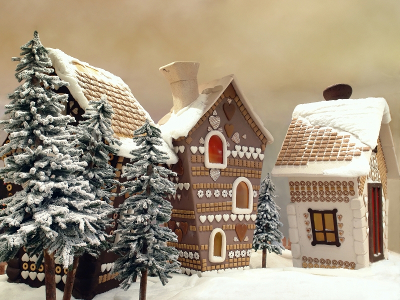 Houses wall murals & wallpaper Gingerbread Houses Christmas Tree Winter Art. No: 10000004585