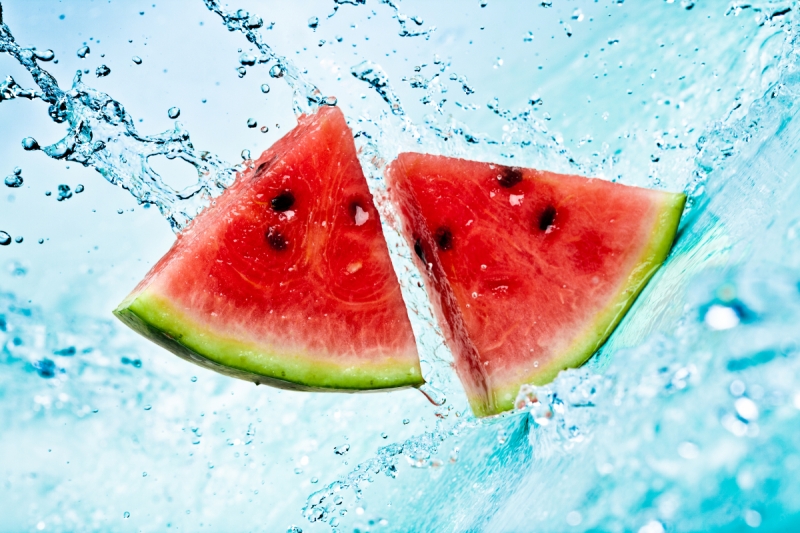 Fruits wall murals & wallpaper for Kitchen Two Watermelon Slices Water Background Art. No: 10000005387
