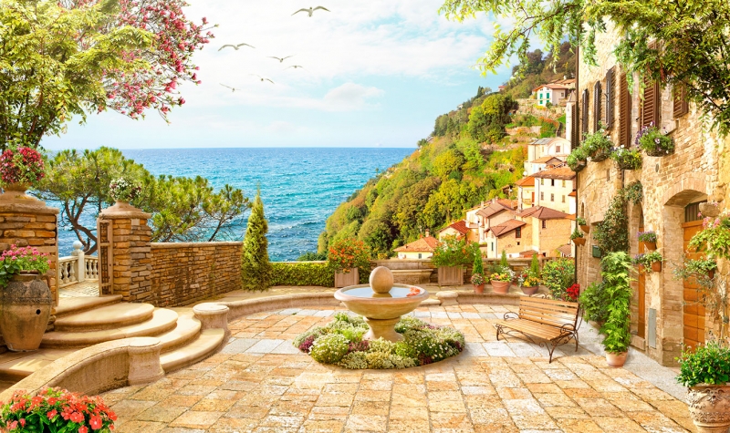 Fresco wall murals & wallpaper Houses with flowers near the water Art. No: 10000002931