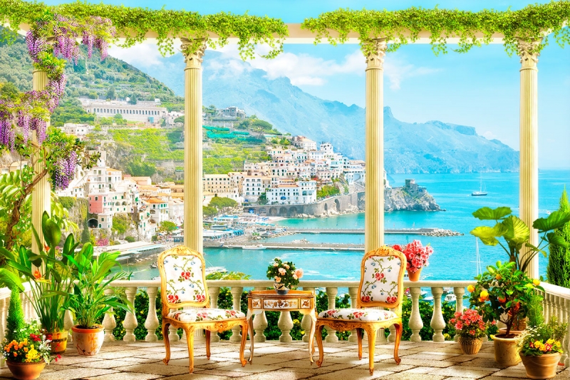 Fresco wall murals & wallpaper View across the terrace to the city by the coast Art. No: 10000002941