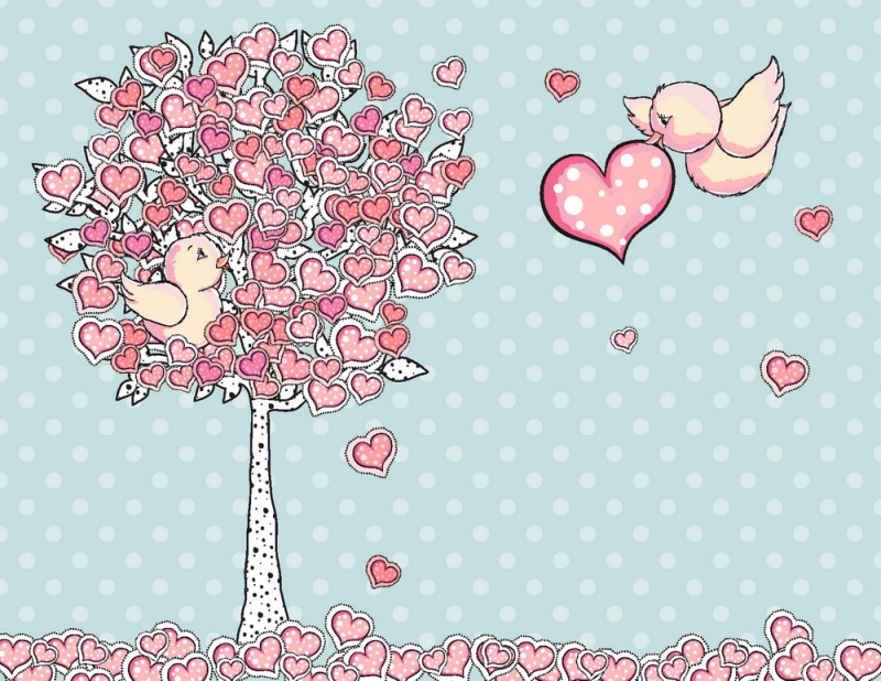 Nursury Kids wall murals & wallpaper Tree Of Hearts Birds Art. No: 10000015328