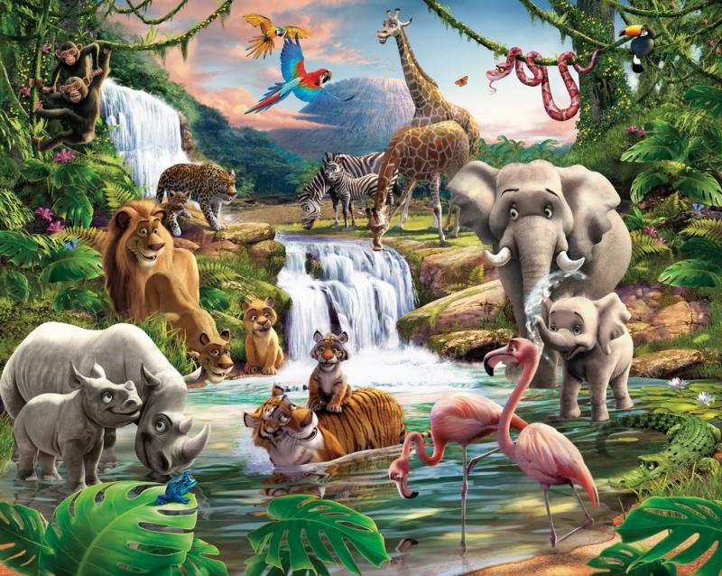 Nursury Kids wall murals & wallpaper Animals Jungle On The Waterfall Art. No: 10000015464