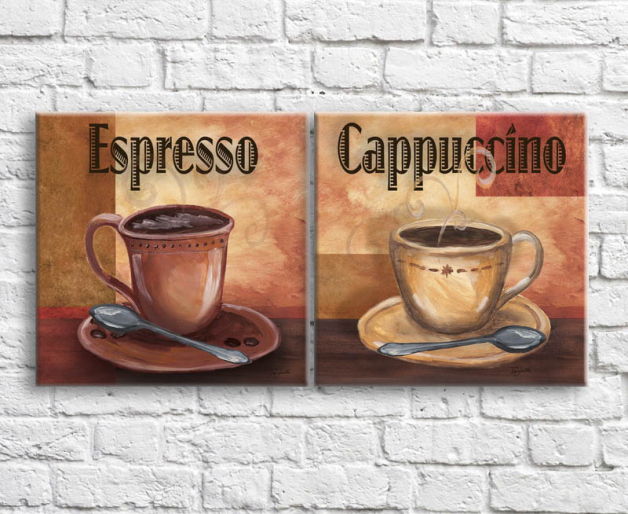 Food and beverages Canvas sets Cappuccino and espresso against the background of abstraction Art nr. 772676901487 at Print-Services.com