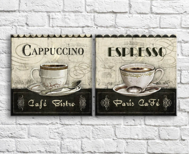 Food and beverages Canvas sets Cappuccino and espresso on a black and white background Art nr. 772676901488 at Print-Services.com