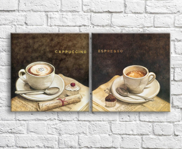 Food and beverages Canvas sets Cappuccino and espresso on a black background, retro Art nr. 772676901489 at Print-Services.com