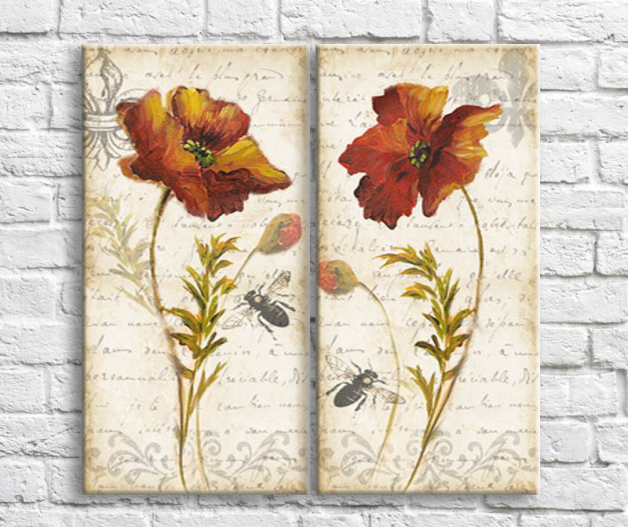 Floral Canvas sets Dark orange poppies and bees on the text background vintage Art nr. 772676901999 at Print-Services.com