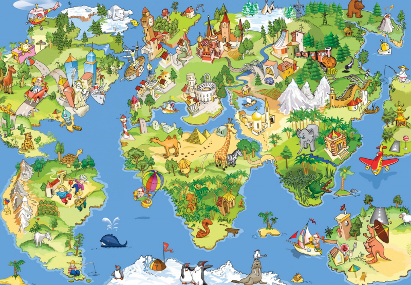 Maps and atlases Wall Murals & Wallpapers map of the world with animals, buildings and transports, Art. No:772676885302